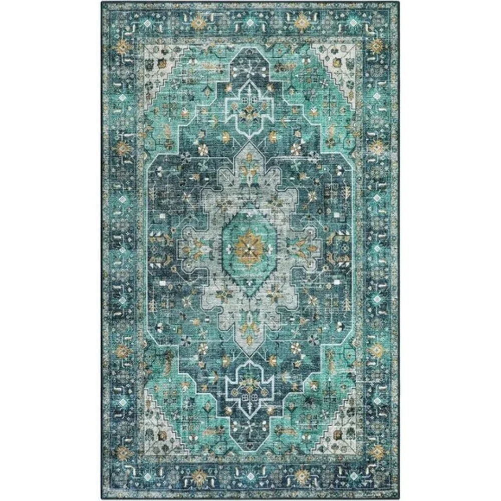 New 5x7 Teal Vintage Area Rug, Ultra-Thin, Washable, Non-Slip Medallion Carpet